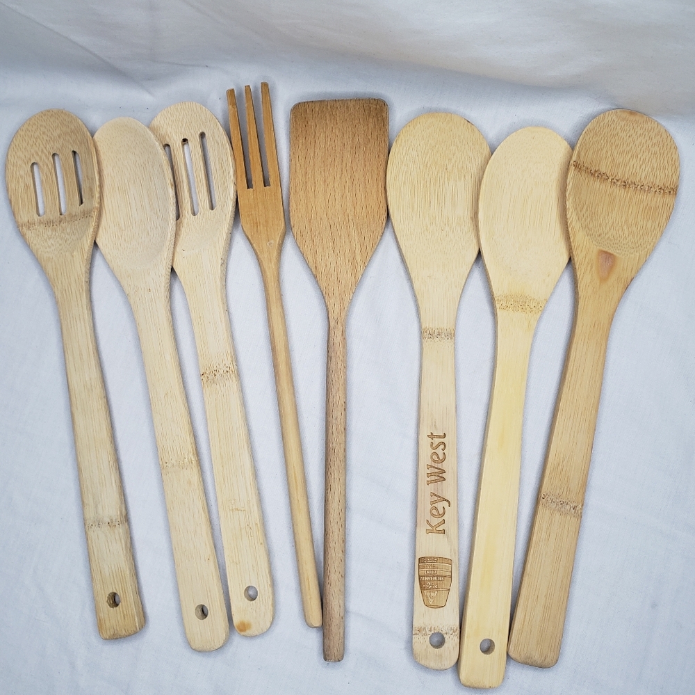 Bundle Of 8 Bamboo And Wood Spoons Fork  and Spatula
